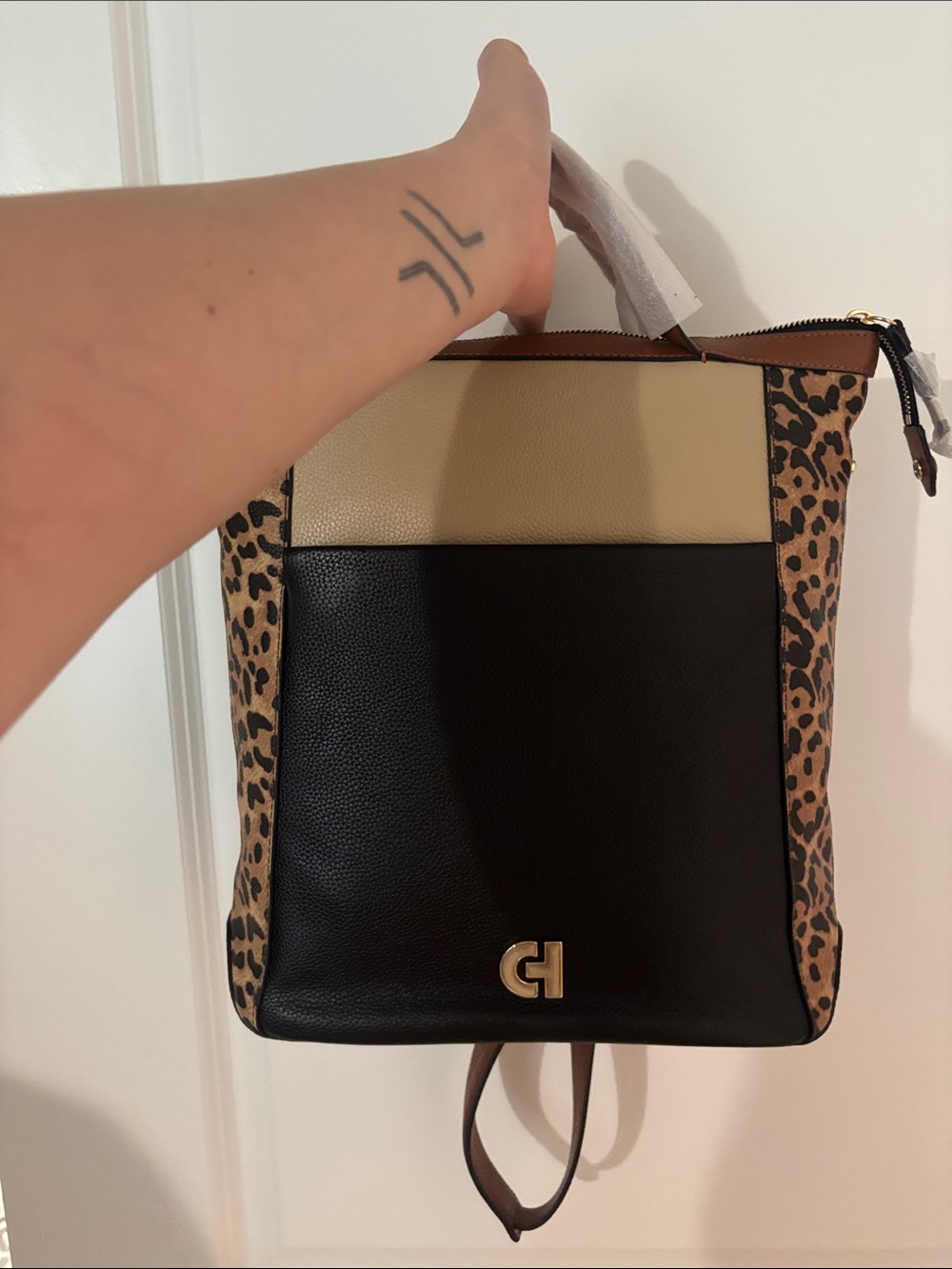 Cole Haan Grand Ambition Leopard Print Convertible Leather Backpack - Picture 4 of 7